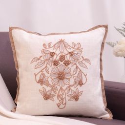 haus & kinder Ivory Grace White & Brown Embroidered Cotton Square Cushion Cover-image-23