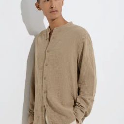 ETA by Westside Taupe Crinkle Textured Relaxed-Fit Cotton Shirt-image-92