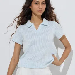 Studiofit by Westside Blue Stripe Printed Cotton-Blend Polo T-Shirt-image-39