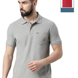 Force NXT Grey Melange & Cherry Red Cotton Regular Fit Polo T-Shirt-9