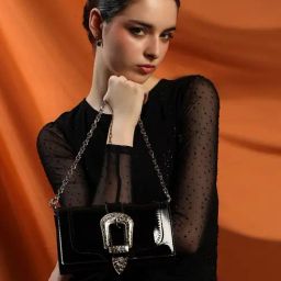 Kazo Gloss Glam Black Studded Medium Shoulder Bag-image-1