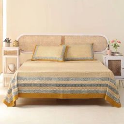Peepul Tree Mustard & Black Cotton 280 TC Double Bedsheet with 2 Pillow Covers-image-99