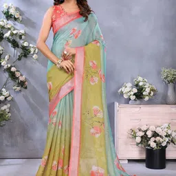 KALINI Blue Printed Linen Blend Jamdani Sarees-picture-16