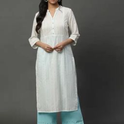 Aurelia White Cotton Striped Straight Kurta-image-10