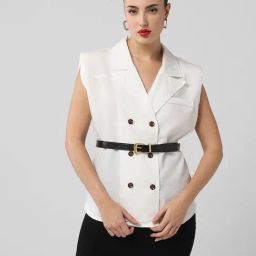 SHOWOFFFF White Cotton Regular Fit Top With Belt-image-40