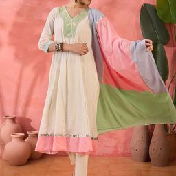 Sangria Floral Embroidered V-Neck Pure Cotton Anarkali Kurta With Trousers And Dupatta-24