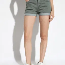 SHOWOFF Green Denim Slim Fit Shorts-image-95