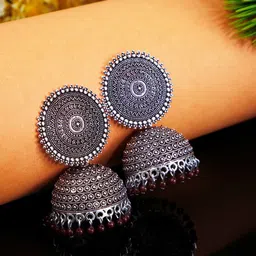 Crunchy Fashion German Silver-Plated & Maroon Dome Shaped Jhumkas-image-90