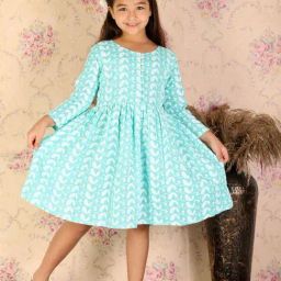 VASTRAMAY Girls Green Cotton Embroidery Dresses-image-86