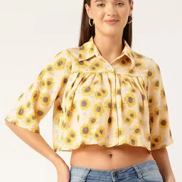 Rue Collection Floral Print Flared Sleeves Shirt Style Crop Top-picture-28