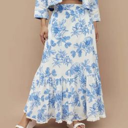 Colour Me by Melange White & Blue Cotton Floral Print Maxi Skirt-image-48