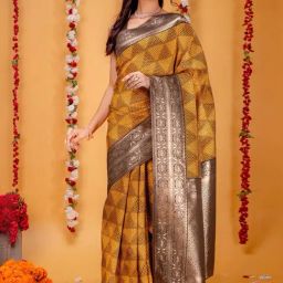 Satrani Yellow & Brown Silk Printed Saree With Unstitched Blouse-image-20