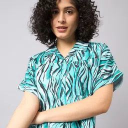 The Roadster Lifestyle Co. Green Abstract Printed Shirt Collar Top-73