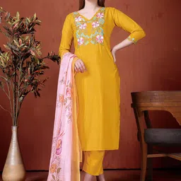 KALINI Floral Embroidered V-Neck Thread Work Straight Kurta With Trousers & Dupatta-image-59