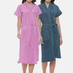 GOLDSTROMS Women Pack Of 2 Lavender & Teal Blue Solid Cotton Bath Robe-image-51
