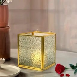 FOS LIGHTING Warm Glow Golden Mild Steel Tea Light Holder with Textured Glass-10