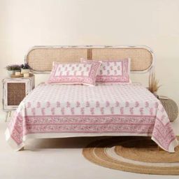 Peepul Tree Off White & Pink Cotton 280 TC Double Bedsheet with 2 Pillow Covers-19