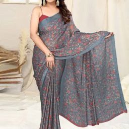 MIRCHI FASHION Slate Grey Floral Print Saree With Unstitched Blouse-image-66