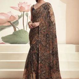 Satrani Black Floral Print Saree With Unstitched Blouse-image-45