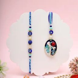 Aapno Rajasthan Blue Evil Eye Oval Ceramic Bhaiya Bhabhi Casual Rakhi with Roli Chawal & Greetings Card-picture-38