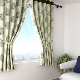 Cortina Set of 2 Off-White & Green Printed Window Curtains-15