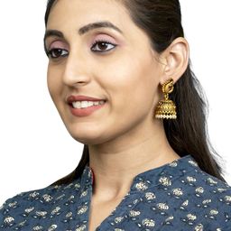 Shining Jewel - By Shivansh Gold-Plated Stones Studded And Beaded Dome Shaped Jhumkas-image-94