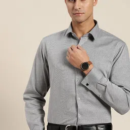 Hancock Men Grey Self Design French Cuff Pure Cotton Slim Fit Formal Shirt-image-69