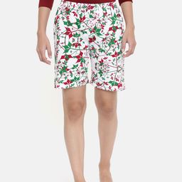 zebu Women White & Green Lounge Printed Shorts-image-10