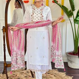 Growdamy Floral Embroidered Chanderi Silk Straight Kurta with Trousers & Dupatta-57