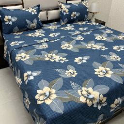 Pure Decor Blue & Cream-Coloured Floral Other 4 Piece Double King Fine Bedding Set-19
