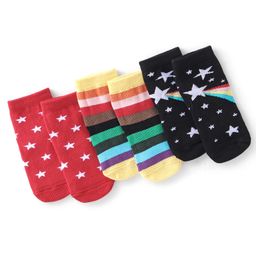 Cute Walk By Babyhug Anti Bacterial Ankle Length Socks Stripes & Star Design Pack Of 3 - Black & Red-image-44