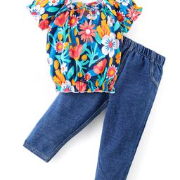 Babyhug 100% Cotton Knit Half Sleeves Floral Print Top & Blue Jeans Set - Multicolour-image-2