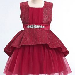 Mark & Mia Sleeveless Knee Length Glitter Printed Party Frock with Stone Applique - Red-image-62