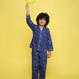 Knitting Doodles Pure Cotton Poplin Full Sleeves Space Theme Elements Printed Coordinating Night Suit - Dark Blue-image-25