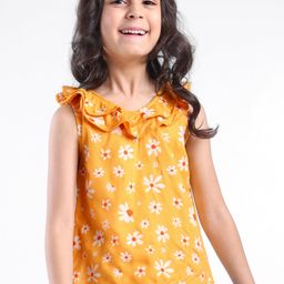 Babyhug Cotton Sleeveless Woven Top With Frills Floral Print - Mustard-image-97