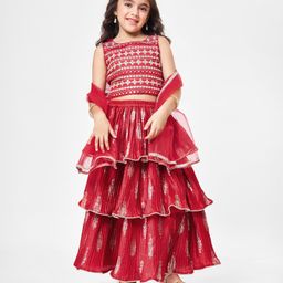 Babyhug Sleeveless Embroidered Choli & Tiered Lehenga Set with Dupatta - Red-image-62