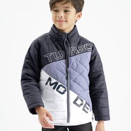 Primo Gino Full Sleeves Text Printed & Colour Block Puffer Jacket - Blue & White-image-87