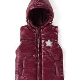 Babyhug Woven Sleeveless Padded Hooded Solid Jacket with Star Applique - Red-image-63
