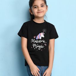 NUSYL Cotton Half Sleeves Unicorn & Text Printed Tee - Black-image-61