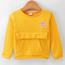 Olio Kids Cotton Knit Full Sleeves Winter Wear T-Shirt With Kangaroo Pocket & Animal Patch - Mustard-image-57