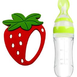 Enorme Silicone Mini Strawberry Shape Red Teething Soft Teether and Silicone Easy Squeezy Spoon Food Feeder for Babies-0