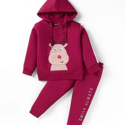 Bodycare Fleece Knit Full Sleeves Hooded Winter Wear Sweatshirt & Joggers Set with Hippo Patch - Maroon-image-62