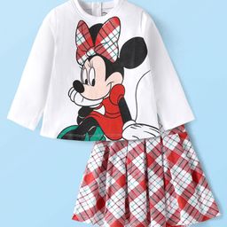 Babyhug Disney Cotton Knit Full Sleeves Top & Skirt Set With Minnie Mouse Graphics - White & Red-picture-11
