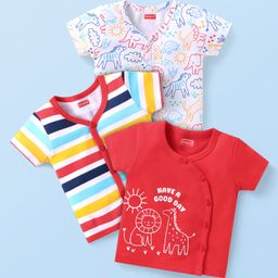 Babyhug 100% Cotton Kint Half Sleeves Front Open Striped & Animal Print Vests Pack of 3 - White Red-22
