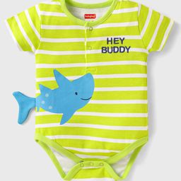 Babyhug 100% Cotton Knit Half Sleeves Text Embroidered Onesie with Whale Applique & Stripes - Light Green-image-93