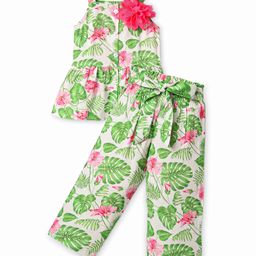 CrayonFlakes Rayon Sleeveless Floral Printed Top With Coordinating Palazzo Set - Off White & Green-image-60