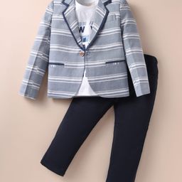 Rikidoos Full Sleeves Striped Blazer With Typography Printed Tee & Pant - Light & Navy Blue-image-87