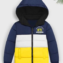 Trampoline Full Sleeves NYC Text Printed Colour Blocked Padded Hooded Jacket - Blue White & Yellow-picture-14