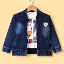 Dapper Dudes Full Sleeves Mild Washed & Glitter Printed Jacket With Tee - Navy Blue-image-89