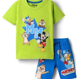 Babyhug Disney Single Jersey Knit Half Sleeves T-Shirt & Shorts Set With Mickey Mouse Family Graphics - Neon Green & Blue-image-55